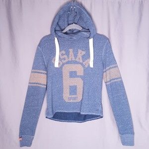 Superdry Hoodie "Osaka 6" Spellout Cropped Oversized Faded Blue Orange Size XS